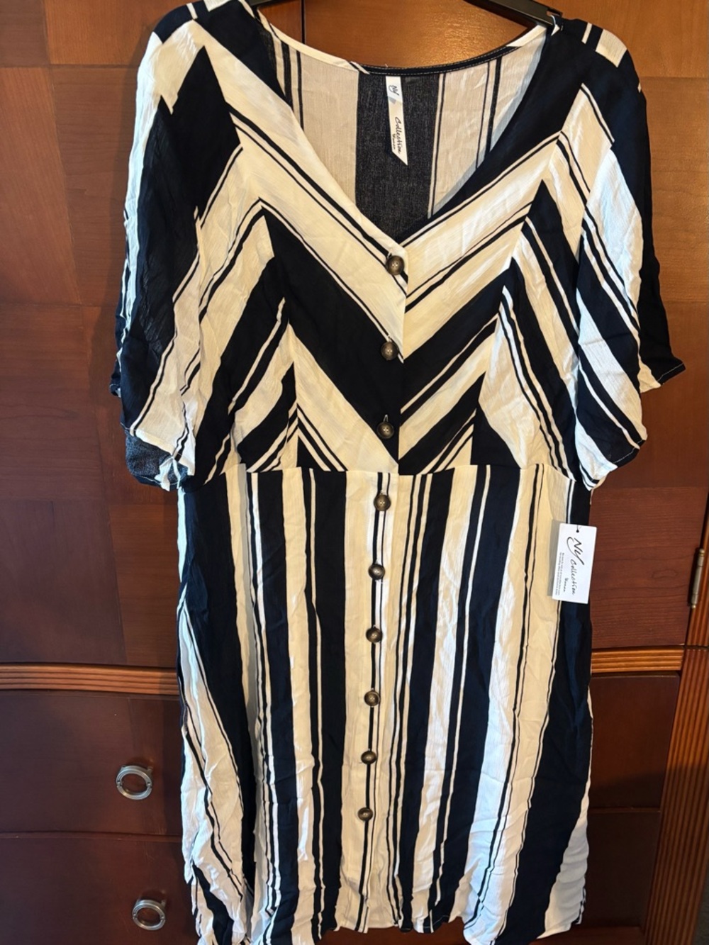 NY Collection Navy Blue and White Striped Button-Front Dress